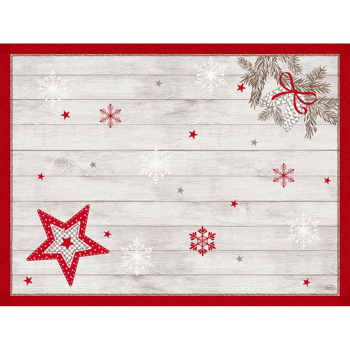 A Duni GmbH 30x40-es Dunicel-készlete egy téglalap alakú eldobható asztalterítő fehér fa hatású, piros-fehér csillagokkal, hópelyhekkel, tobozokkal piros-zöld szalaggal és piros szegéllyel mint akcentus.