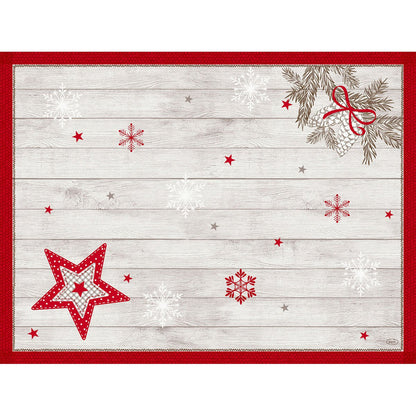 A Duni GmbH 30x40-es Dunicel-készlete egy téglalap alakú eldobható asztalterítő fehér fa hatású, piros-fehér csillagokkal, hópelyhekkel, tobozokkal piros-zöld szalaggal és piros szegéllyel mint akcentus.