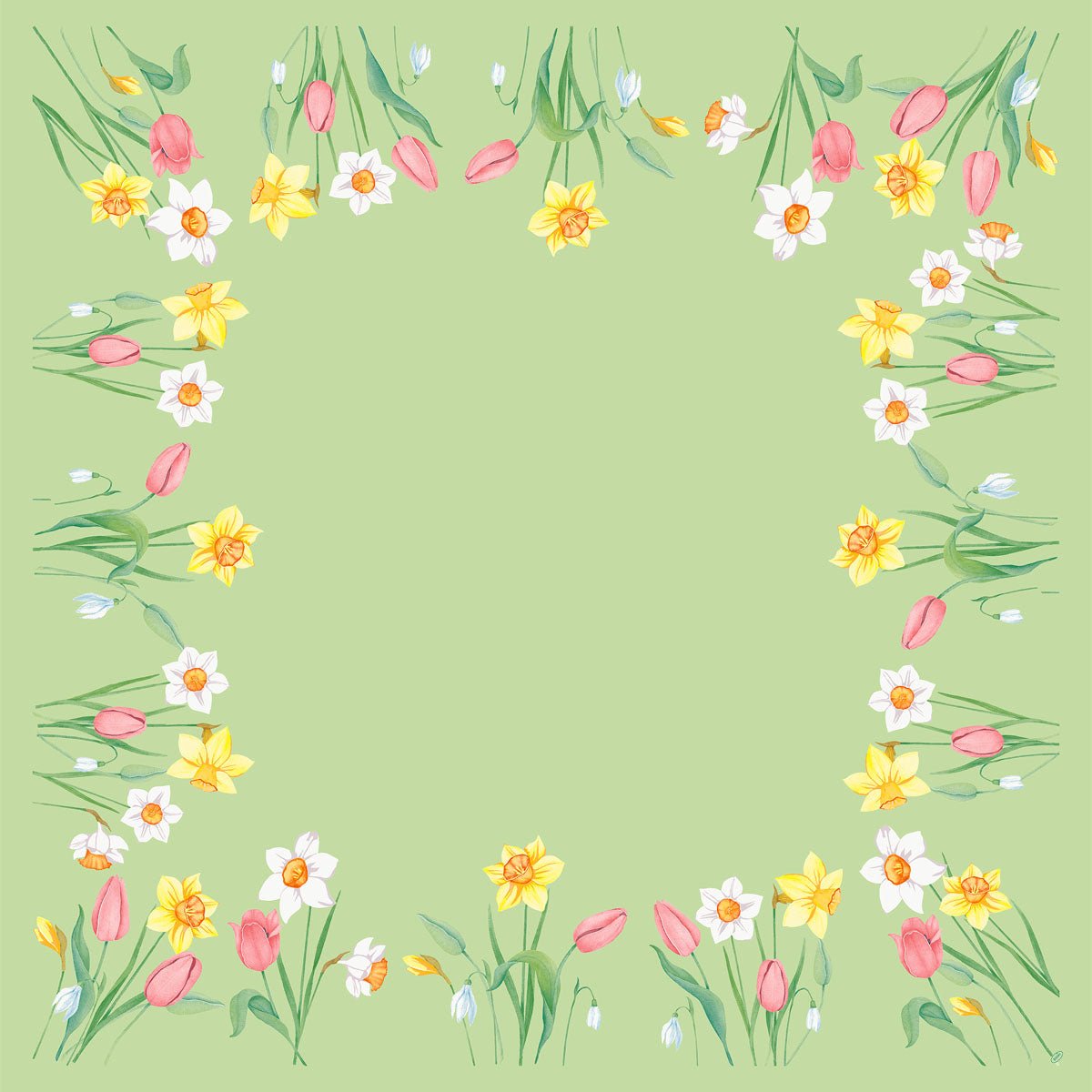 A Duni GmbH Bio-Dunicel középső terítője, a Spring Melody (84x84 cm), zöld középpel rendelkezik, amelyet akvarell tulipánok, nárciszok és fehér virágok kereteznek - ideális virágos asztaldekoráció tavaszi alkalmakra. Csomag 100 darabbal.