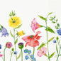 Servietten 40x40 cm 3-lagig Flowy Meadow von Duni GmbH: Dekorative Papierservietten mit bunten Wildblumen - gelbe, pinke, lila und blaue Blüten auf grünem Wiesenmotiv vor weißem Hintergrund und dezenter Musterbordüre rechts. Packung (250 Stück).