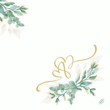 A Duni GmbH Dunilin szalvétái 40x40 cm Love Hearts fehér háttérrel, két sarokban akvarell zöld levelekkel és két arany dekoratív szívvel a levelek felett. Kis logóval a jobb alsó sarokban. 45 darabos csomag.