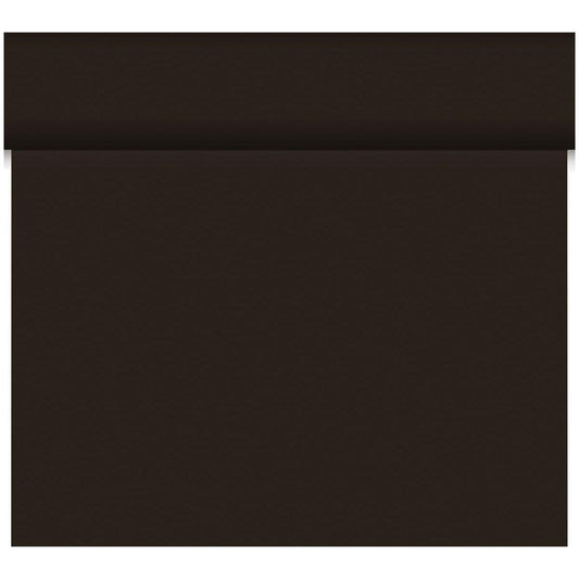 Das Duni GmbH Bio-DC-Tete a Tete 0,4x24m ist ein solides dunkelbraunes Rechteck aus biologisch abbaubarem Material, mit einem subtilen horizontalen Schatten oder einer Falte in der Nähe der oberen Kante, dargestellt auf einem weißen Hintergrund.