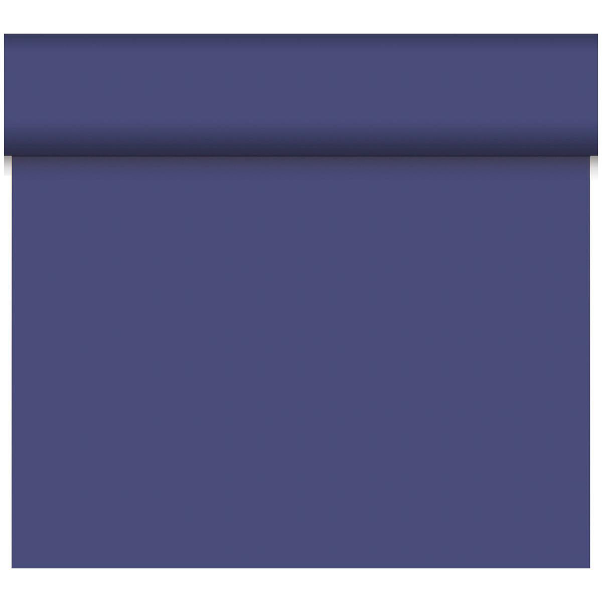 Das Duni GmbH Bio-DC-Tete a Tete 0,4x24m hat eine einfarbig blaue, matte Oberfläche ohne Muster. Hergestellt aus biologisch abbaubarem Material, bietet es nachhaltige Dekoration. Die Rolle ist teilweise vor einem schlichten weißen Hintergrund abgerollt.