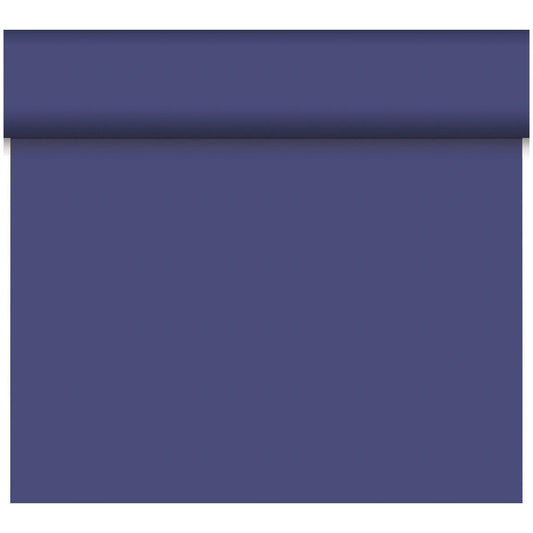 Das Duni GmbH Bio-DC-Tete a Tete 0,4x24m hat eine einfarbig blaue, matte Oberfläche ohne Muster. Hergestellt aus biologisch abbaubarem Material, bietet es nachhaltige Dekoration. Die Rolle ist teilweise vor einem schlichten weißen Hintergrund abgerollt.