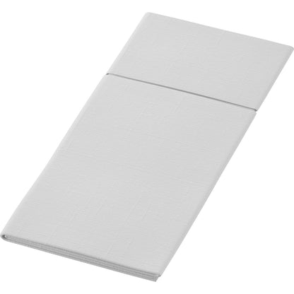 A Duni GmbH Duniletto-Slim 40x33cm egy hajtogatott fehér textilszalvéta finom struktúramintával, tökéletes higiénikus alátétként vagy stílusos alternatívaként, egy egyszerű fehér háttéren ábrázolva.