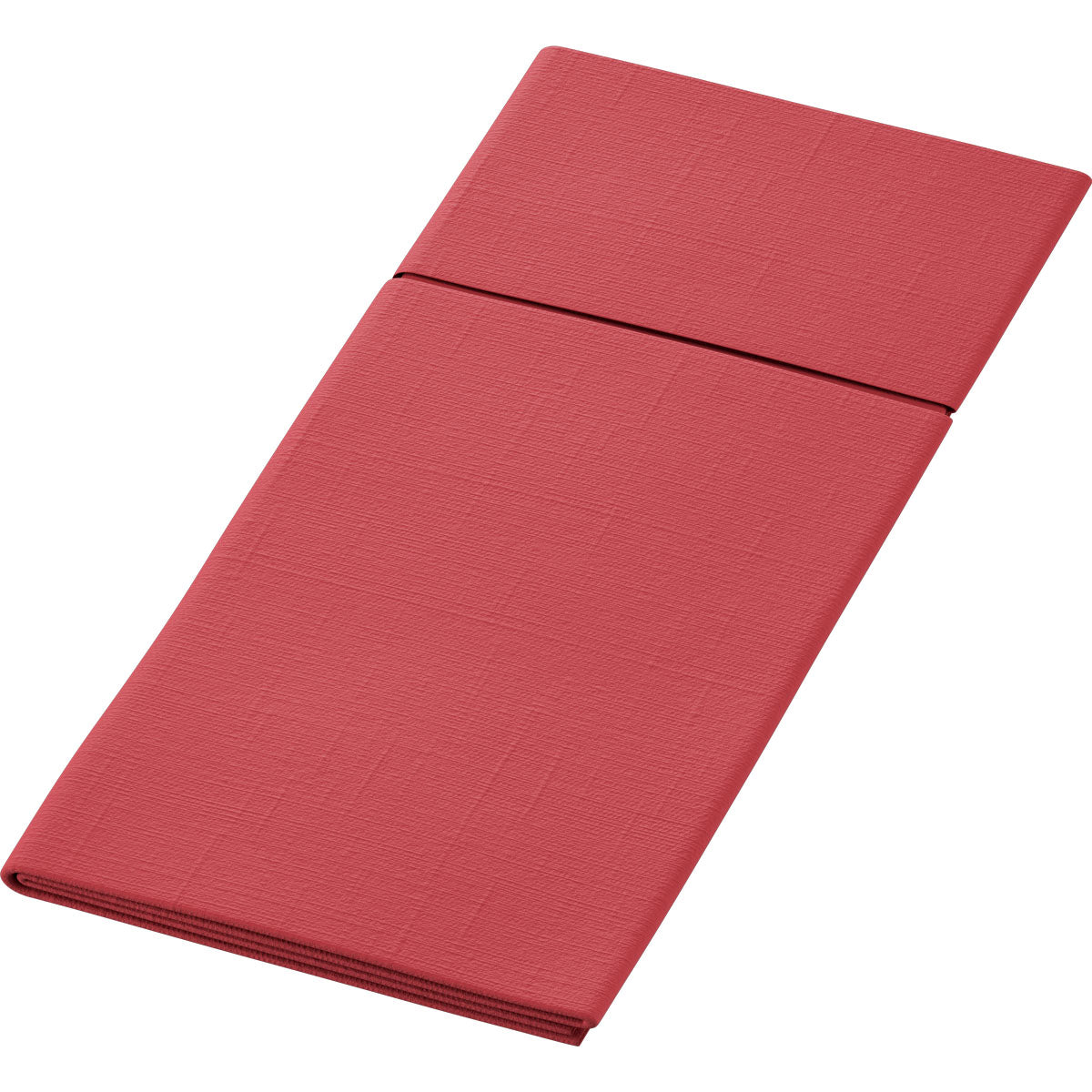 Egy hajtogatott, téglalap alakú piros Duniletto-Slim 40x33cm szalvéta a Duni GmbH-tól, struktúrált mintával fehér háttéren - tökéletes higiénikus alátétként a stílusosan terített asztalhoz.