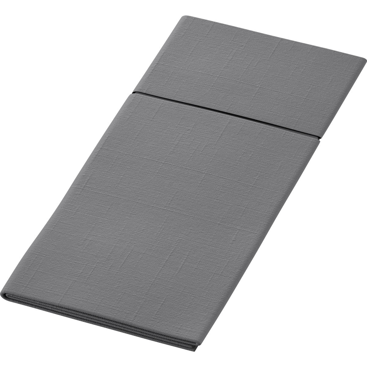 Egy tisztán hajtogatott, téglalap alakú szürke Duniletto-Slim 40x33cm szövet szalvéta a Duni GmbH-tól finom struktúramintával fehér háttéren.