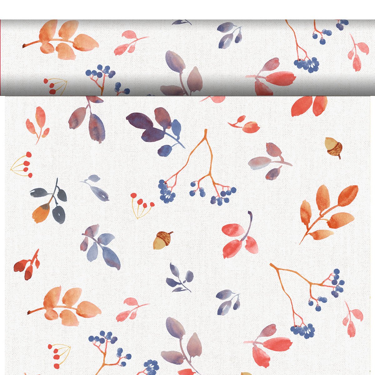 A Duni GmbH Bio-Dunicel Tete-a-Tete asztali futó 0,4x24m varrat nélküli fehér szövetet mutat be élénk akvarell őszi levelekkel, bogyókkal, makkokkal és ágakkal - ideális, hogy környezettudatos stílusban díszítse az asztalt.