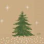 Ein grüner Weihnachtsbaum auf hellbraunem Hintergrund mit weißen Sternen und geometrischen Mustern ziert die Servietten 24x24 3-lagig "Humble Trees" (250 Stück) von Duni GmbH. Das kleine "DUNI"-Logo befindet sich in einem Oval unten rechts, und die Servietten sind umweltfreundlich.
