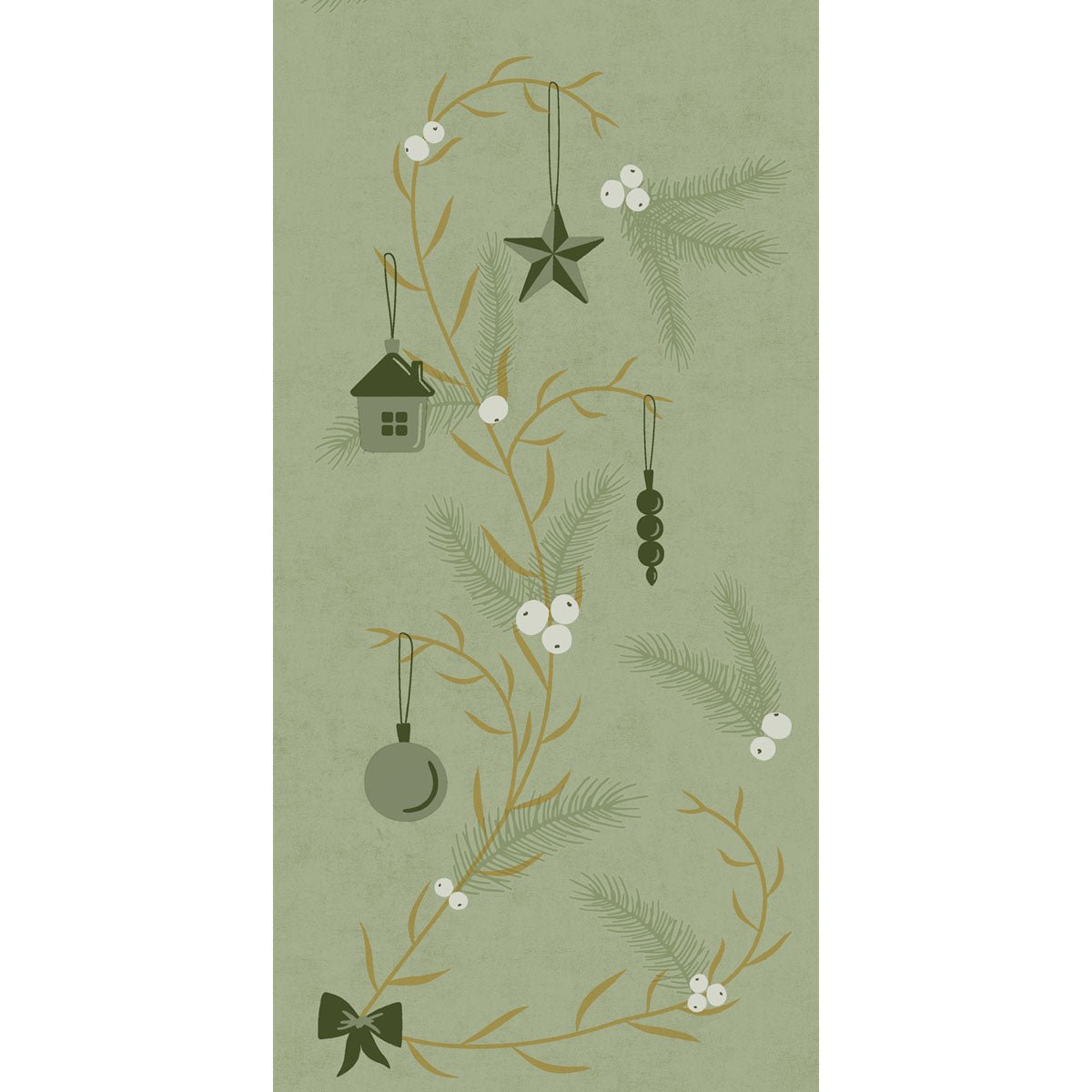 Egy függőleges minta fenyőágakkal, fehér bogyókkal és zöld díszítésekkel díszíti a Duni GmbH Bio-Dunisoft szalvétákat 40x40cm 1/8F, és ünnepi hangulatot kölcsönöz a terített zöld háttérnek.