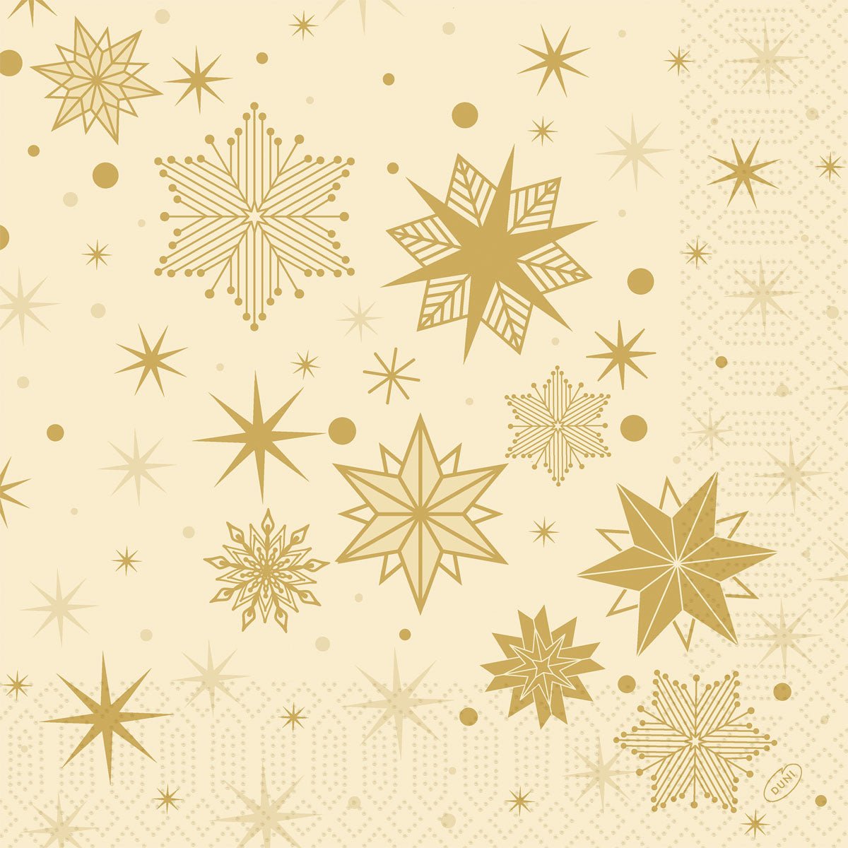 Egy arany-bézs mintás háttér különböző arany csillag- és hópehely formákkal, amelyeket a Duni GmbH szalvéták 40x40 3 rétegű 1/4 Stargazing cream (250 darab) inspirált, pontokkal és geometriai akcentusokkal.