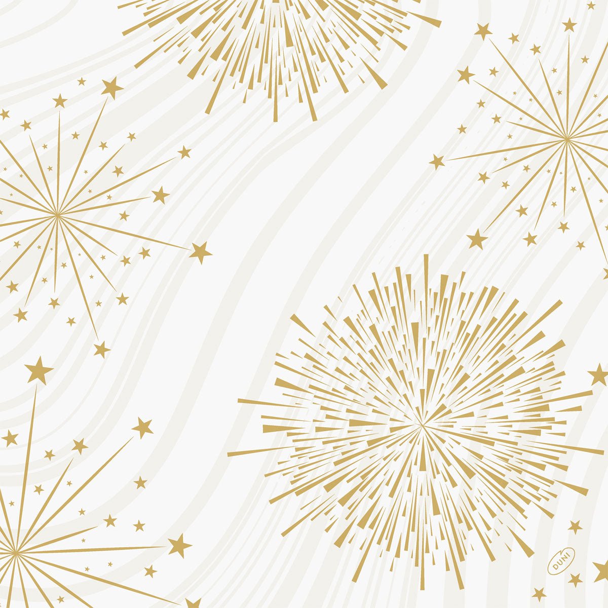 Arany csillagszóró- és tűzijáték-minták különböző vonal- és csillagformákkal díszítenek egy fehér hátteret finom szürke hullámokkal, ünnepi megjelenést biztosítva - ideális a Duni GmbH Bio-Dunisoft szalvétáinak 40x40 cm-es méretéhez bármilyen alkalomra.