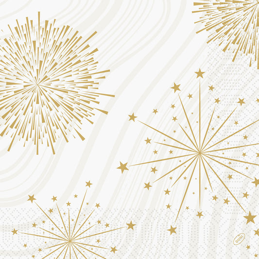 Verleihen Sie jeder Feier Eleganz mit den Duni GmbH Servietten 40x40 3-lagig 1/4 Sparkly white. Diese 250 Servietten mit goldenen Sternen und Feuerwerk auf weißem Hintergrund bringen festlichen Stil auf Ihren Tisch.