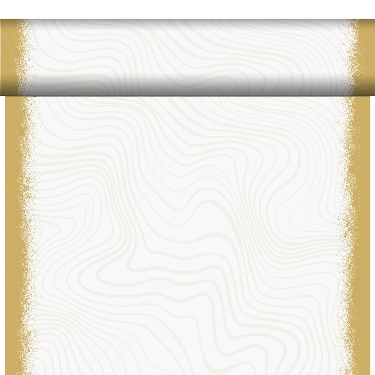 Eine leere vertikale Schnecke mit goldenen, strukturierten Rändern und einer weißen zentralen Fläche mit leichten Wellenlinien - perfekt als Inspiration für umweltfreundliche Tischdecken wie die Bio-Dunicel-Tete a Tete 0,4x24m von Duni GmbH.