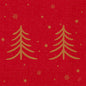 A Duni GmbH 40x40 3 rétegű 1/4 Shimmer Trees szalvétái (csomag, 250 darab) két arany csillogású fát ábrázolnak egy piros mintás háttéren arany csillagokkal és hópelyhekkel - ideális, hogy eleganciát kölcsönözzenek bármely ünnepi asztalnak.