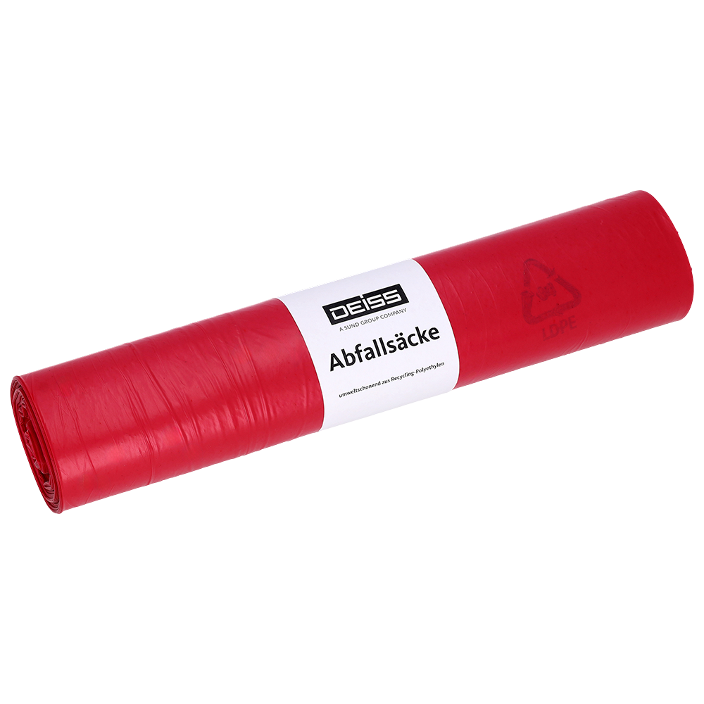 A képen egy szorosan feltekert DEISS szemeteszsák típus 60 (70 l, 575x1000 mm) látható, újrahasznosított LDPE-ből, az EMIL DEISS KG (GmbH + Co.)-tól, piros színben, fehér "DEISS Abfallsäcke" címkével és újrahasznosítási szimbólummal, egyszínű fehér háttérrel.