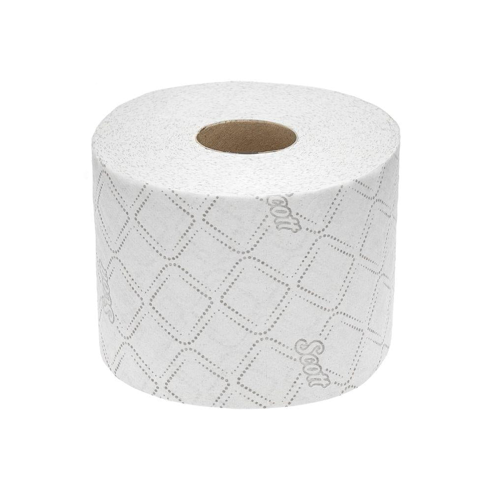 Eine einzelne Rolle Scott® Essential™ Toilettenpapier 8517, 2-lagig, von der Kimberly-Clark GmbH, mit Rautenmuster und „Scott“-Branding auf FSC-zertifiziertem Papier, ist vor einem schlichten weißen Hintergrund abgebildet.