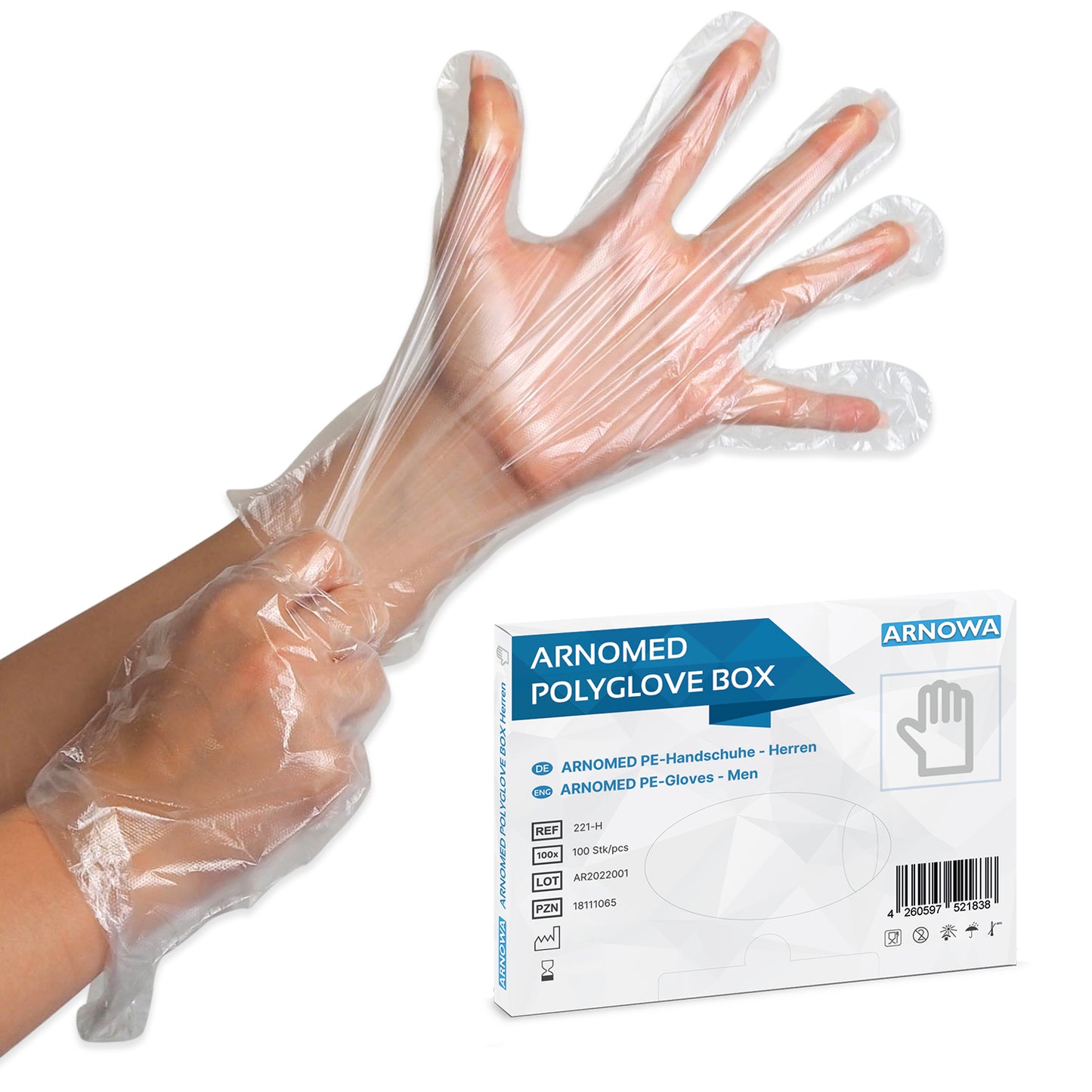 Egy személy felvesz egy ARNOMED POLYGLOVE BOX - egyszer használatos PE kesztyűt az ARNOWA GmbH dobozából. Az előtérben egy higiénikus adagolódoboz mutatja a termék adatait.
