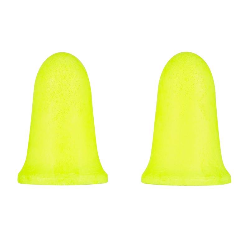 Két sárga 3M™ E-A-Rsoft™ FX™ füldugó a 3M Deutschland GmbH-tól puha poliuretán habból állva fehér háttér előtt - SNR értékük 37 dB, hatékony védelmet nyújtanak zajos környezetben.