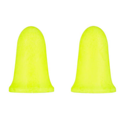 Két sárga 3M™ E-A-Rsoft™ FX™ füldugó a 3M Deutschland GmbH-tól puha poliuretán habból állva fehér háttér előtt - SNR értékük 37 dB, hatékony védelmet nyújtanak zajos környezetben.