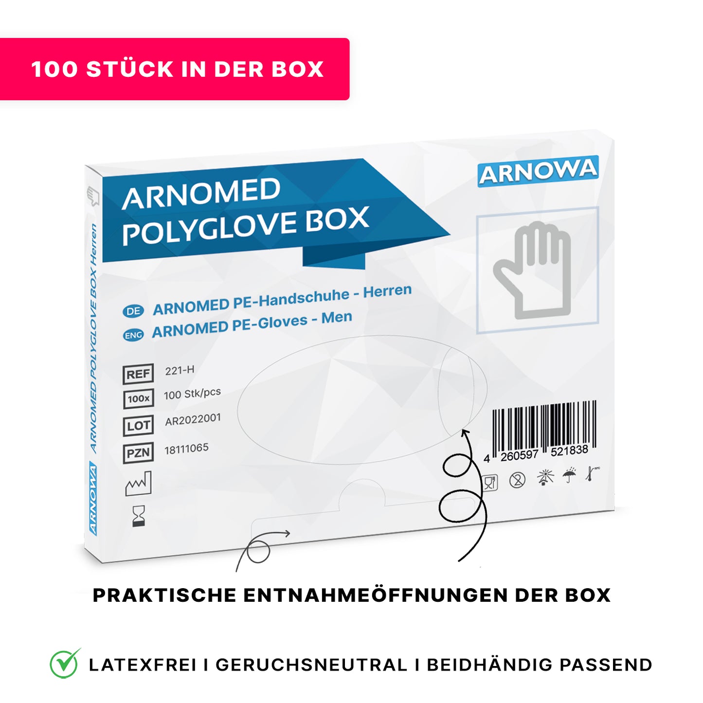 Kép egy ARNOMED POLYGLOVE BOX - egyszer használatos PE kesztyűről az ARNOWA GmbH-tól, 100 darab higiénikus adagolódobozban. Csomagolás termékrészletekkel németül/angolul, vonalkóddal és ikonokkal, amelyek jelzik a latexmentességet, szagtalanságot és kétkezes használhatóságot.