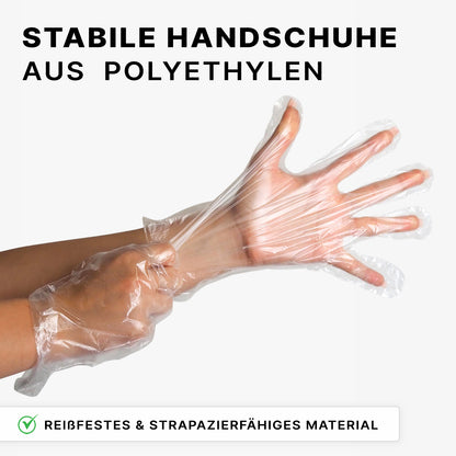 Egy kéz látható, amint egy ARNOMED POLYGLOVE BOX - egyszer használatos PE kesztyűt húz fel az ARNOWA GmbH dobozából. A német szöveg arra utal, hogy ezek a kesztyűk tartósak, szakadásállóak és robusztus anyagból készültek.