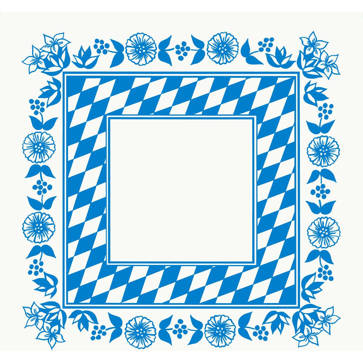 Egy 84x84 cm-es négyzet alakú Dunicel középső terítő a Duni GmbH-tól kék-fehér bajor rombusz szegéllyel, kék virágkerettel fehér alapon és üres középpel - tökéletes egy stílusos asztali dekorációhoz. Csomagolás: 20 darab.