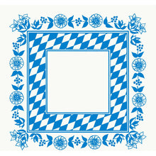Egy 84x84 cm-es négyzet alakú Dunicel középső terítő a Duni GmbH-tól kék-fehér bajor rombusz szegéllyel, kék virágkerettel fehér alapon és üres középpel - tökéletes egy stílusos asztali dekorációhoz. Csomagolás: 20 darab.