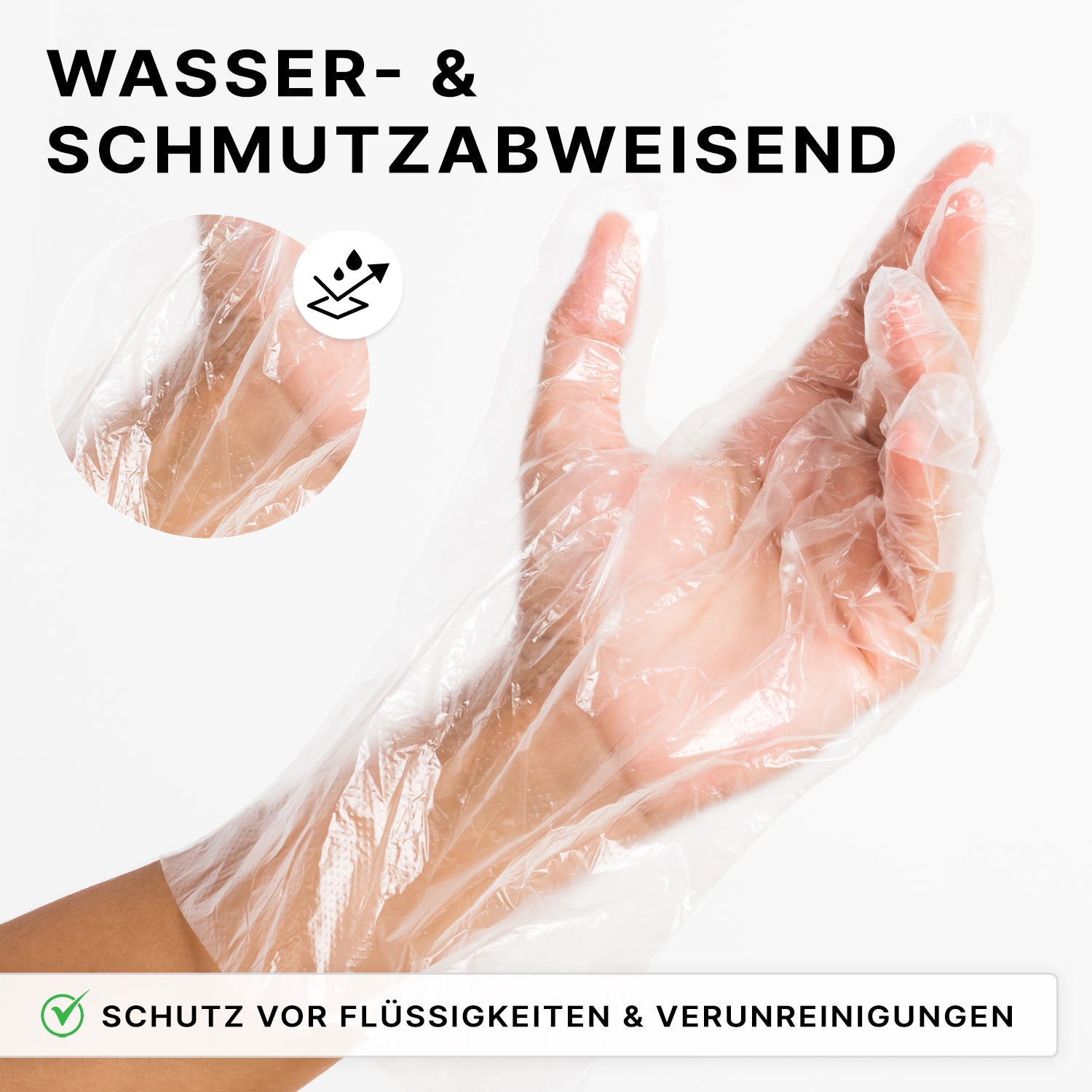 Eine Hand trägt eine ARNOMED POLYGLOVE BAG - Einmalhandschuhe aus PE im Beutel transparent von ARNOWA GmbH. Oben steht: "Wasser- & schmutzabweisend", unten ein Icon mit "Schutz vor Flüssigkeiten & Verunreinigungen".