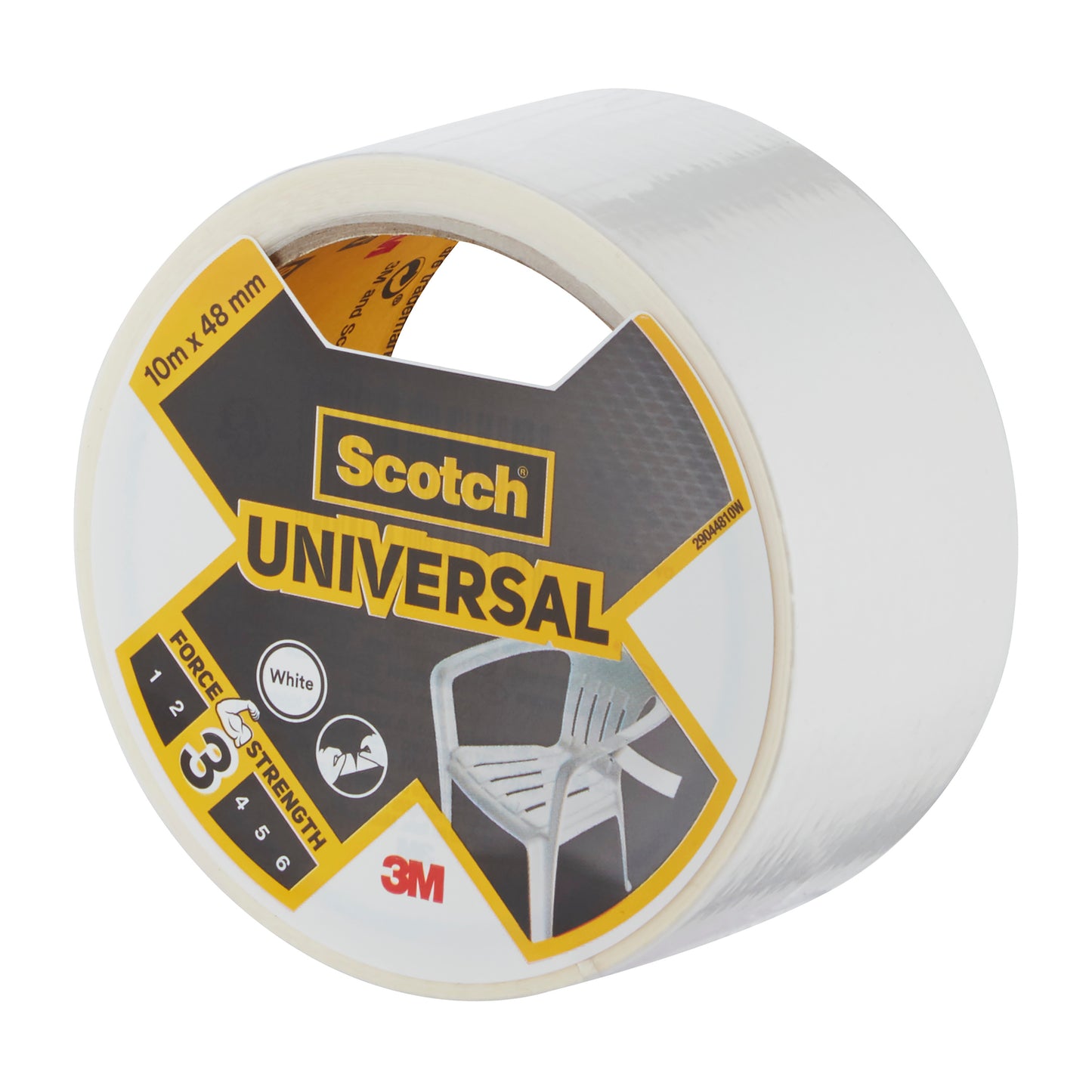 Eine Rolle Scotch® Universal Klebeband 2904 der 3M Deutschland GmbH mit den Maßen 10 m x 48 mm ist mit einem Kunststoff-Stuhlreparaturbild und der Festigkeitsstufe 3 verpackt.