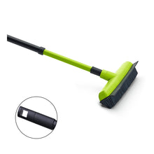 Der grün-schwarze Gummibesen mit Stange (Nölle Profi Brush, 34 cm, max. 130 cm, Gewinde) ist vor weißem Hintergrund abgebildet. Im Inset sieht man die ausziehbare Stange mit Aufhängeloch - ideal zur Haarentfernung.