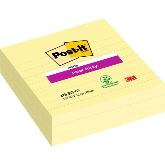 Ein Stapel großer, gelber Post-it® Super Sticky Notes von 3M Deutschland GmbH (101 mm x 101 mm, 70 Blatt/Block), gekennzeichnet mit 100% PEFC. Mit violettem "Super Sticky"-Etikett und aus zertifiziertem Recyclingpapier hergestellt.