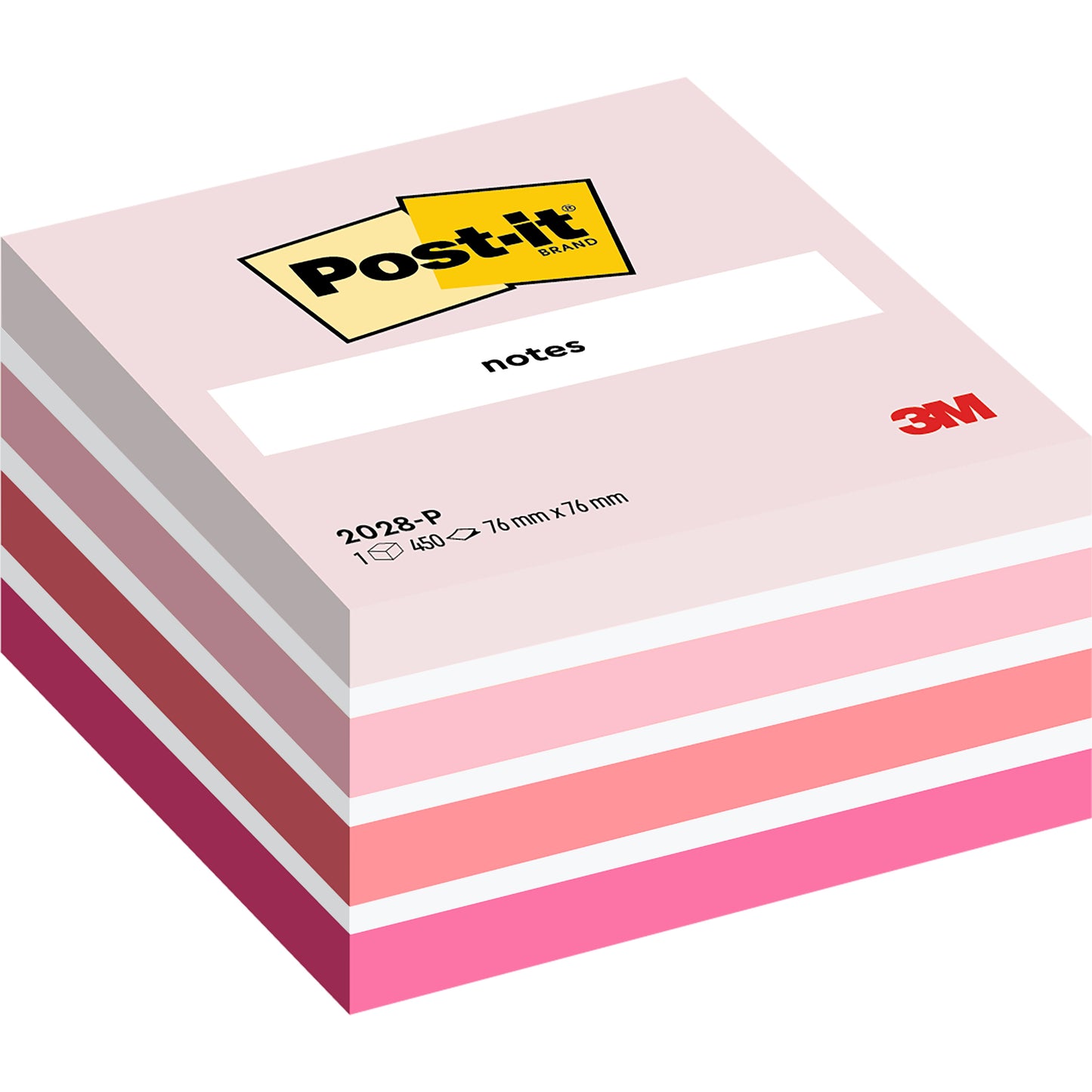 Egy 3M Post-it® Notes kocka, 76 x 76 mm, 450 lap/blokk, rózsaszín árnyalatokban a 3M logóval és a "notes" felirattal a tetején; a 3M Deutschland GmbH gyártmánya, 100% PEFC tanúsítvánnyal.