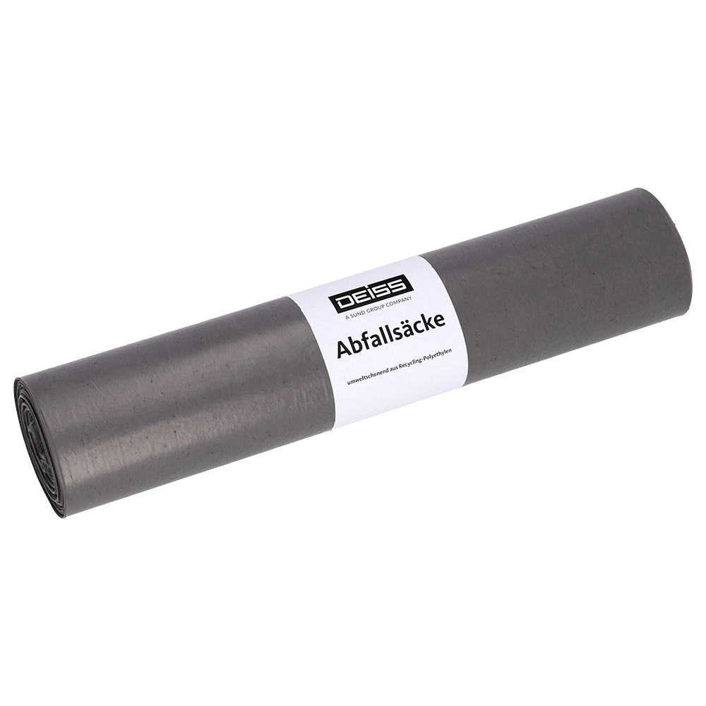 Egy tekercs szürke DEISS 24054 szemeteszsák (700x1100 mm, 25 darab) az EMIL DEISS KG (GmbH + Co.) vállalattól fehér címkével, egyszerű, világos háttér előtt áll.