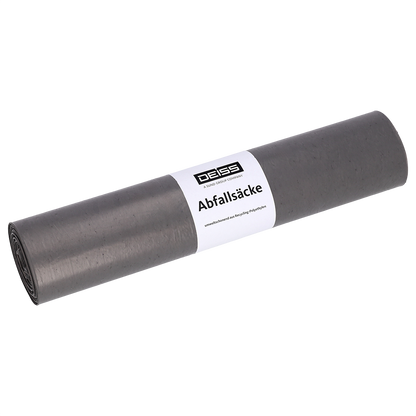 Egy feltekert csomag EMIL DEISS KG (GmbH + Co.) DEISS szemeteszsák típus 60, 70L, 575x1000 mm, újrahasznosított LDPE-ből fehér címkével.