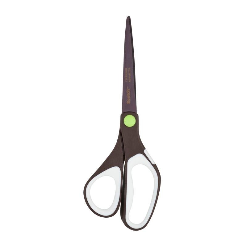 A 3M Deutschland GmbH Scotch™ titánium ollója, 20 cm, fekete olló fehér és zöld díszítésekkel, hegyes heggyel és ergonomikus fogantyúkkal fehér háttéren.