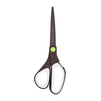 A 3M Deutschland GmbH Scotch™ titánium ollója, 20 cm, fekete olló fehér és zöld díszítésekkel, hegyes heggyel és ergonomikus fogantyúkkal fehér háttéren.