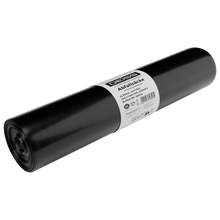 Die DEISS 25024 Müllsäcke (700x1100 mm, Typ 60, schwarz, 25 Stück/Rolle) von EMIL DEISS KG (GmbH + Co.) mit weißem Etikett und Entsorgungssymbolen - ideal als reißfeste Abfallbeutel auf weißem Hintergrund.