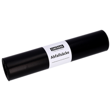 Eine Rolle DEISS 25705 Müllsäcke von EMIL DEISS (575x1000 mm, Typ 60, schwarz, 25 Stück) mit weißem "DEISS Abfallsäcke" Etikett vor hellem Hintergrund.