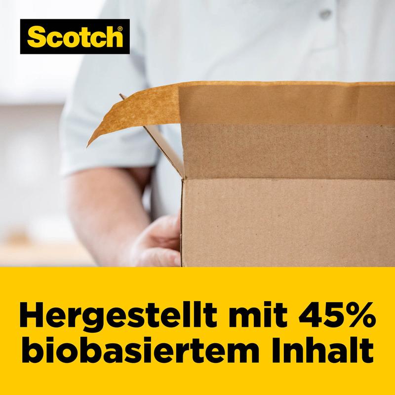 Egy személy nyitott dobozt tart. Bal felső sarokban látható a 3M logó. Egy sárga szalag alul azt mutatja: "45% biológiai alapú tartalommal készült." Tökéletes a Scotch® Box Lock™ papír csomagolószalaghoz, 48 mm x 22,8 m.