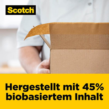 Egy személy nyitott dobozt tart. Bal felső sarokban látható a 3M logó. Egy sárga szalag alul azt mutatja: "45% biológiai alapú tartalommal készült." Tökéletes a Scotch® Box Lock™ papír csomagolószalaghoz, 48 mm x 22,8 m.