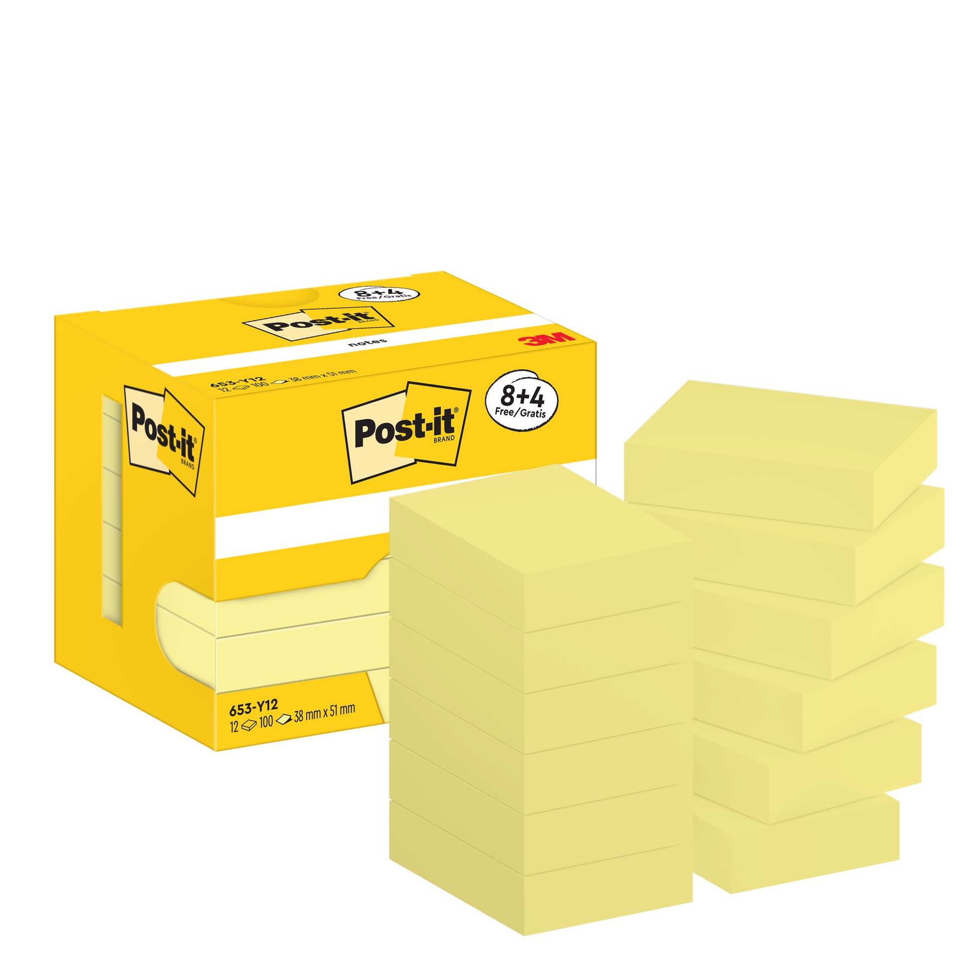 Eine gelbe Post-it® Notes Box (3M Deutschland GmbH) enthält 8 Blöcke plus 4 Gratis, jeweils mit 100 Blatt, im Format 38 mm x 51 mm. Der Karton ist mit "8+4 Gratis" beschriftet und besteht zu 100% aus PEFC-zertifiziertem Material.