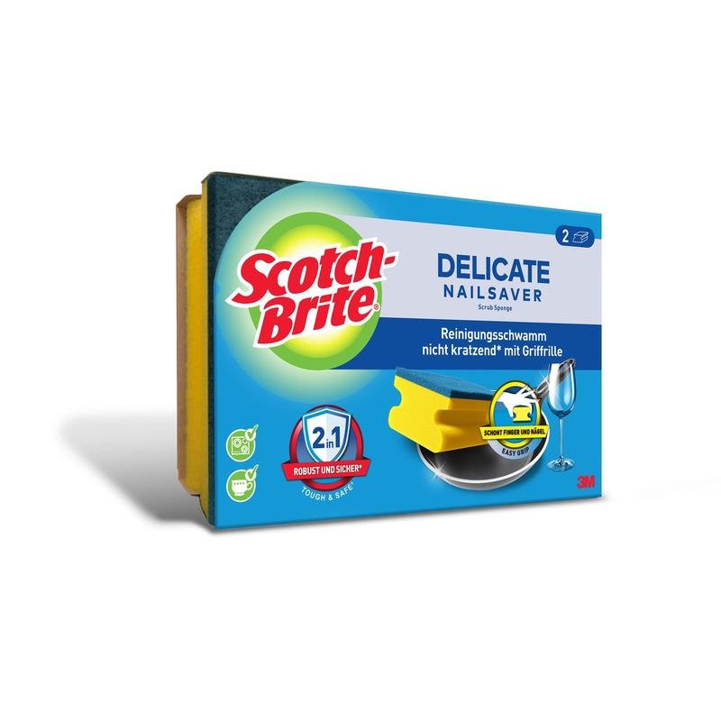 Egy doboz Scotch-Brite® Delicate nem karcoló fogószivacs a 3M Deutschland GmbH-tól, kék és zöld csomagolásban termékábrázolásokkal. Minden sárga szivacson van egy fogóábrázolás, ideális érzékeny felületekhez.
