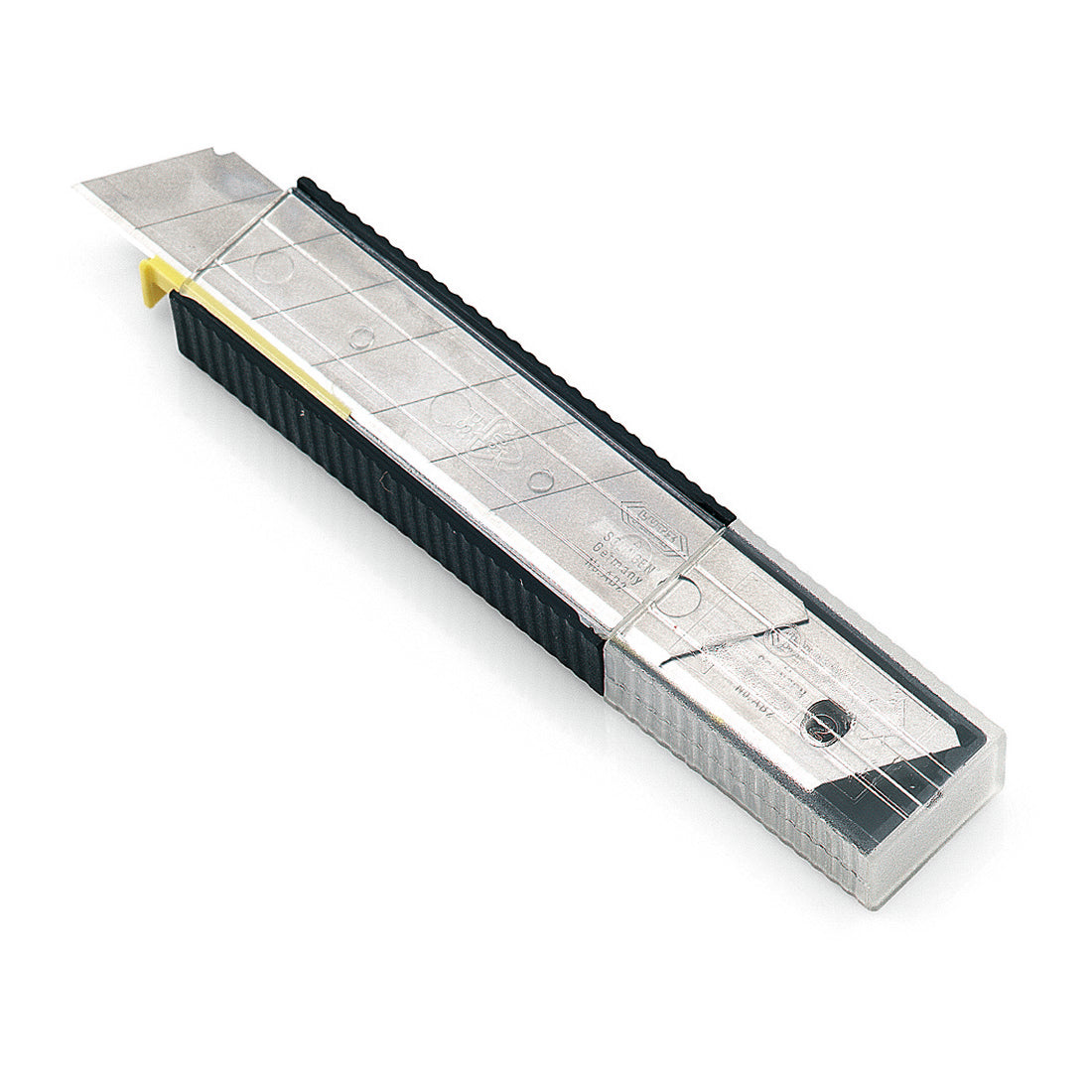 Der Nölle Profi Brush Klingen-Dispenser mit 10 Abbrechklingen (18 mm) enthält Ersatzklingen in einem transparenten Etui im stilvollen schwarz-silbernen Design von Nölle Profi Brush Bürsten- & Pinseltechnik e.K.