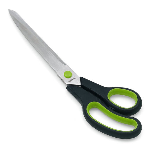A Nölle Profi Brush Tapezierschere 2K11 rozsdamentes acél pengékkel és fekete-zöld ergonomikus fogantyúkkal precíz vágásokat biztosít; fehér háttéren ábrázolva. Márka: Nölle Profi Brush Bürsten- & Pinseltechnik e.K.