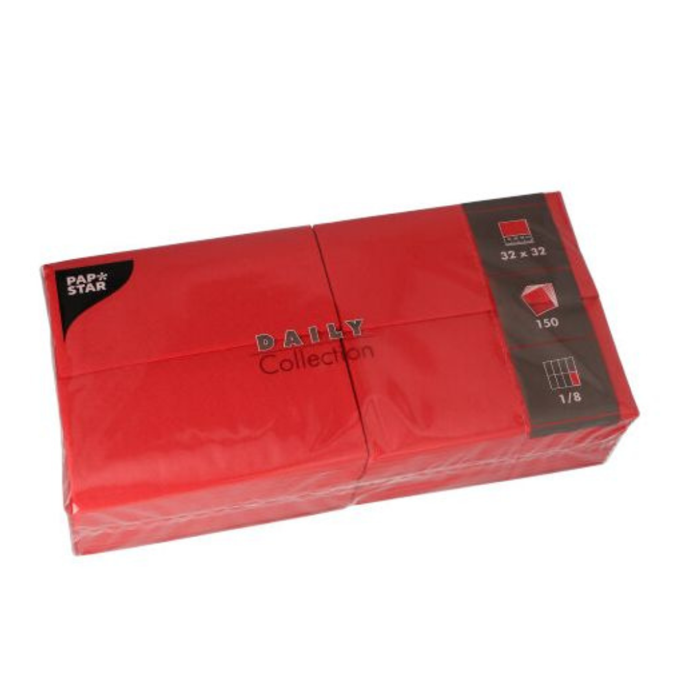 Eine rote Packung PAPSTAR Servietten „DAILY Collection“ der PAPSTAR GmbH sorgt mit 150 Papierservietten im Format 32 x 32 cm, jeweils achtfach gefaltet, für nachhaltige Gemütlichkeit. Ideal für jede Tischdekoration.