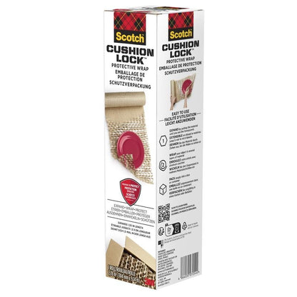 Egy doboz Scotch™ Cushion Lock™ védőcsomagolás (30,4 cm x 9,14 m, 1 tekercs) a 3M Deutschland GmbH-tól álló helyzetben látható logóval és többnyelvű szöveggel, amely kiemeli a légpárnás védelmet érzékeny tárgyak számára.