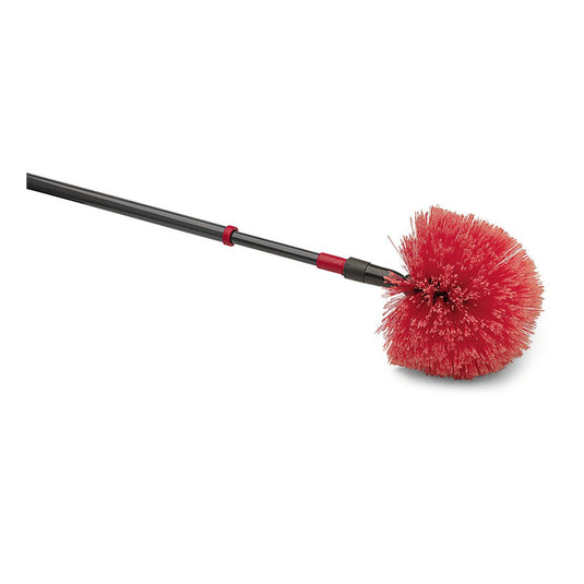 A Nölle Profi Brush Staubbiene gömbfej teleszkópos nyéllel, 170 cm (1 darab) a Nölle Profi Brush Bürsten- & Pinseltechnik e.K.-tól, piros kerek sörtéjű fejjel és fekete teleszkópos nyéllel, fehér háttéren ábrázolva.