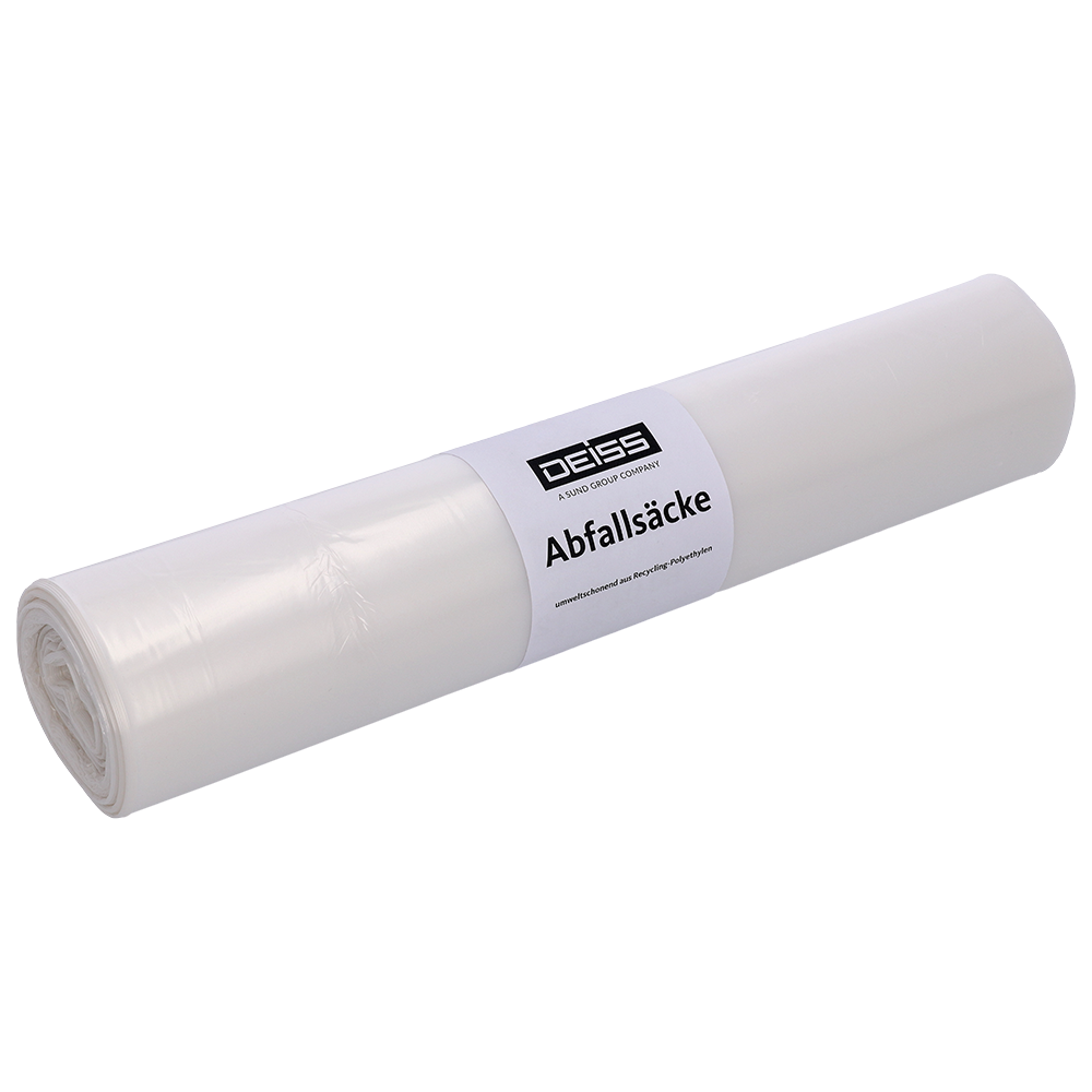 Abgebildet ist eine weiße Rolle Müllbeutel der EMIL DEISS KG (GmbH + Co.) mit der Aufschrift "DEISS 29070 - 700x1100 mm Typ 60 transparent | Rolle (25 Stück)" vor einem einfarbigen hellen Hintergrund.