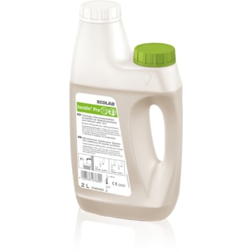 Egy 2 literes Ecolab Incidin Pro palack, fogantyúval, egymással szemben elhelyezkedő fehér és zöld kupakkal, valamint a termékadatokat és biztonsági szimbólumokat tartalmazó fehér címkével.